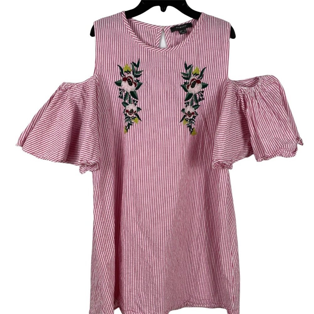 Primark Dress Mini Cold Shoulder Ruffled Seersucker Floral Embroidered Womens 10 - Picture 1 of 10
